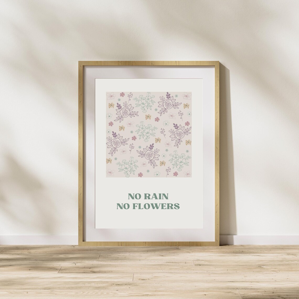 No Rain No Flowers Quote Pastel Floral Line Art Inspirational Poster - Image 3