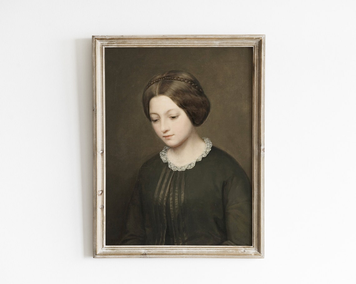 Vintage Moody Female Portrait Neutral Woman Portrait Painting Antique Female Wall Art Print Portrait Art