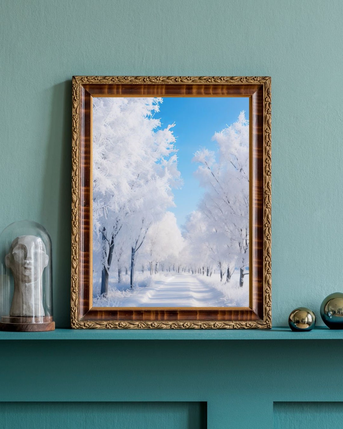 Frost Covered Winter Road with White Trees under Blue Sky Poster - Image 3