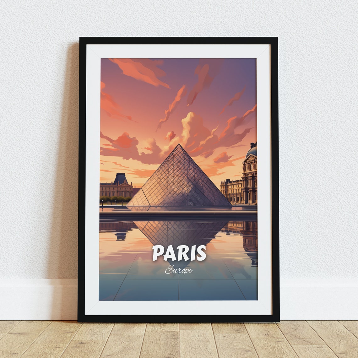 Paris Louvre Pyramid Sunset Reflection Vintage Travel Poster