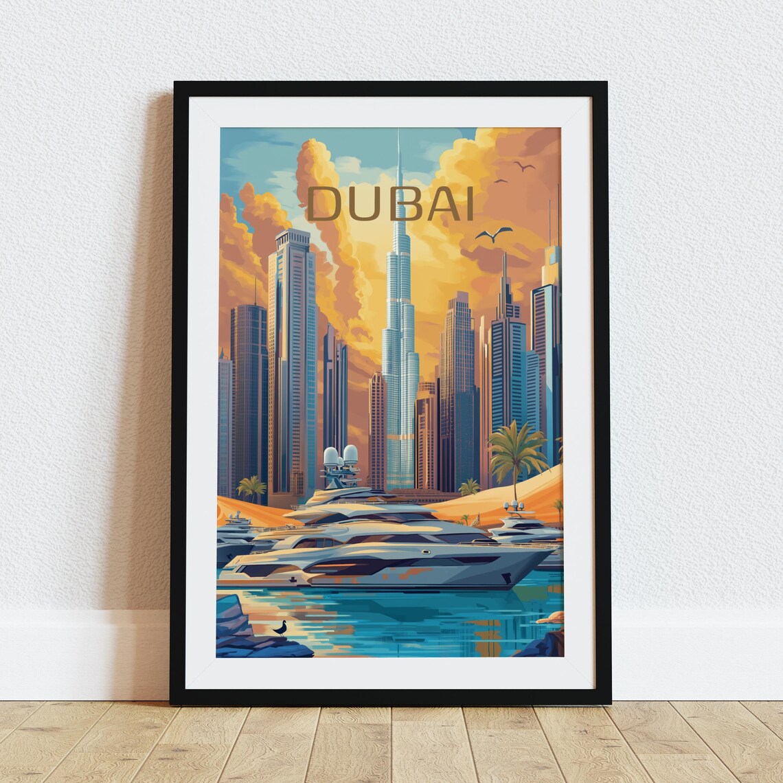 Dubai Burj Khalifa Marina Skyline Golden Vintage Travel Poster