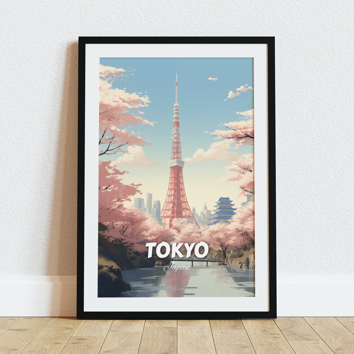 Tokyo Tower Cherry Blossoms Lake Retro Vintage Travel Poster