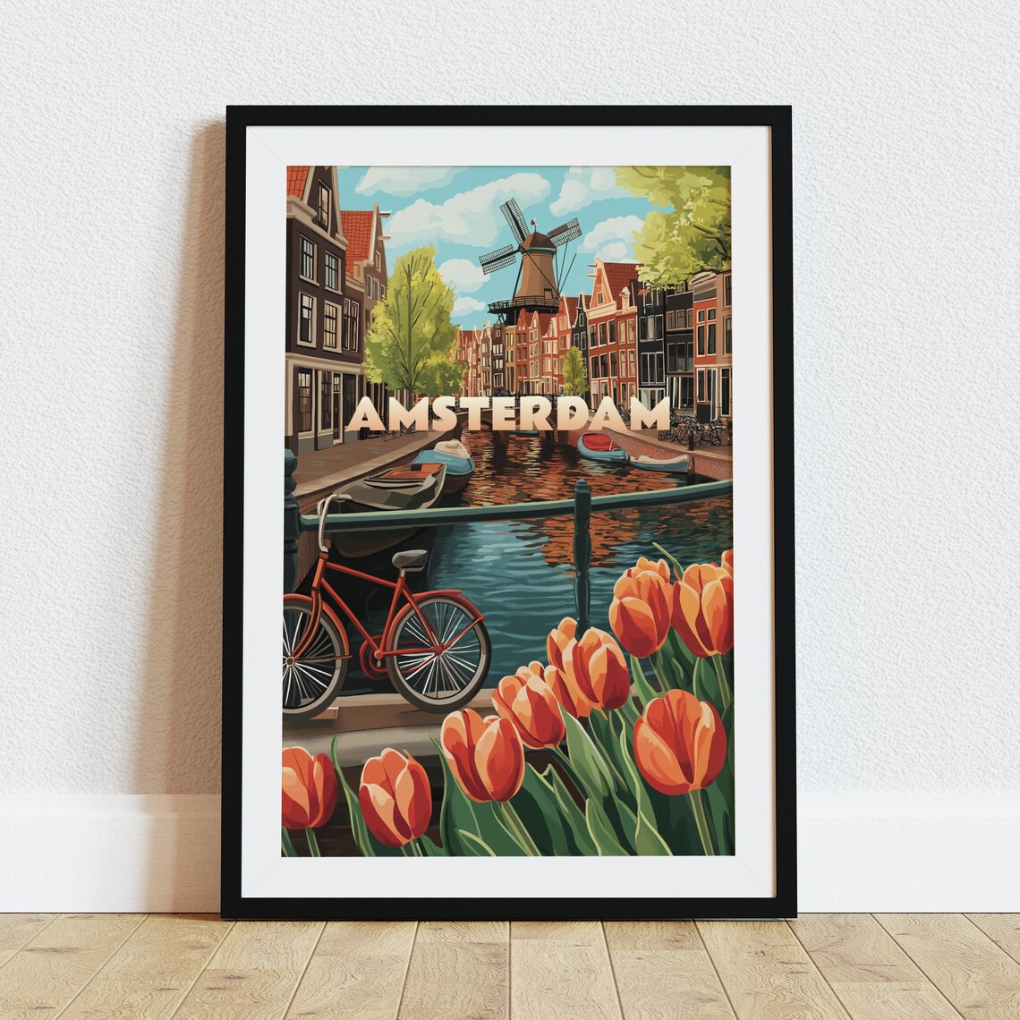 Amsterdam Netherlands Canal Windmill Bicycle Tulips Travel Poster
