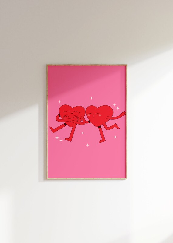 Cute Retro Hearts Wall Art Pink Red Print Preppy Decor Trendy