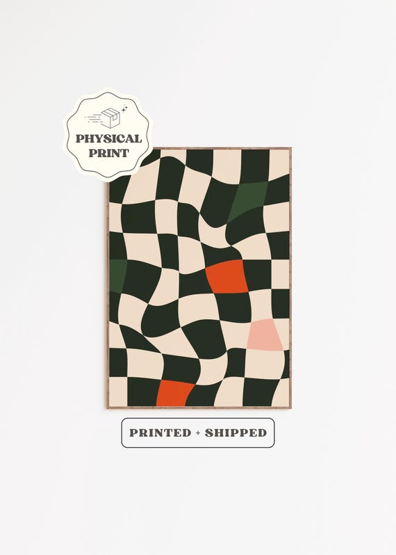 Retro Checkered Physical Poster Wavy Checkerboard Home Decor Abstract Geometric Wall Art 70s Funky Groovy