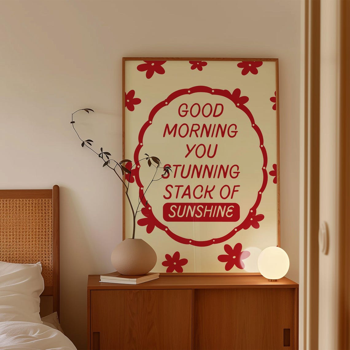 Good Morning Stunning Stack Of Sunshine Red Daisy Quote Poster - Image 2