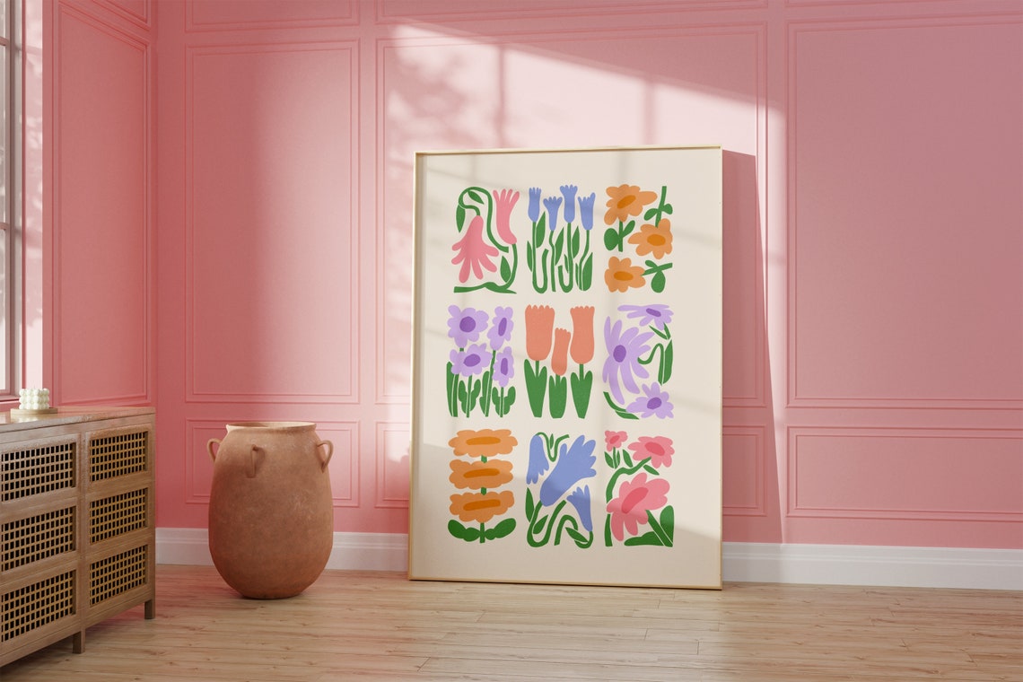 Retro Pastel Funky Nine Flower Grid Preppy Botanical Wall Poster - Image 2