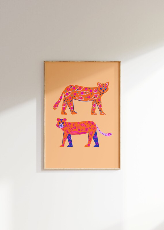 Orange Folk Art Leopard Cats Pair Patterned Peach Background Poster