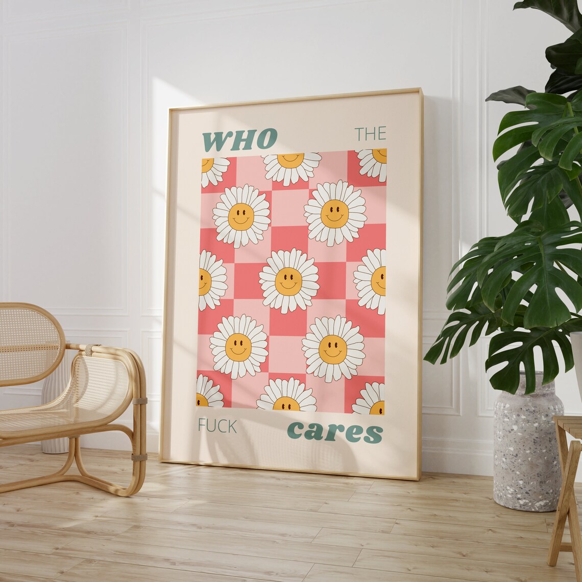 Who The Fuck Cares Smiley Daisy Checkerboard Pink Quote Poster - Image 2