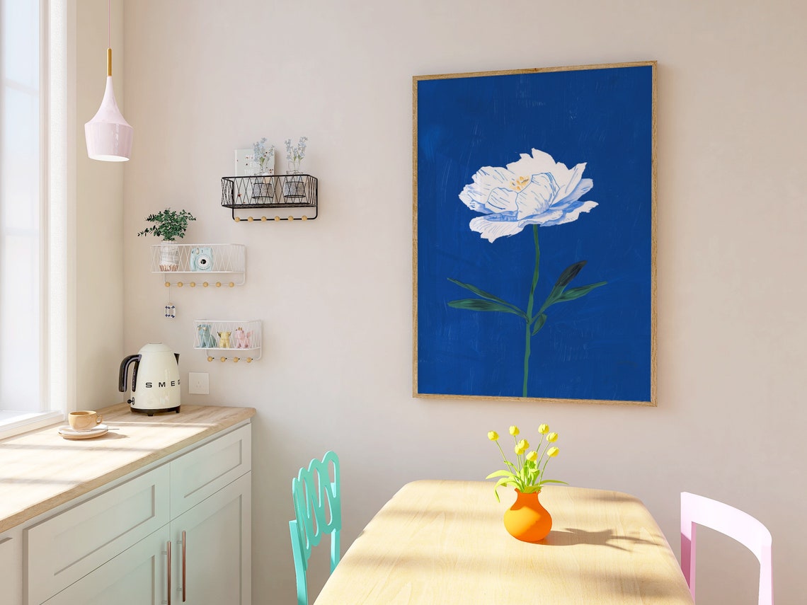 White Bloom Cobalt Blue Background Hand Drawn Floral Art Poster - Image 3