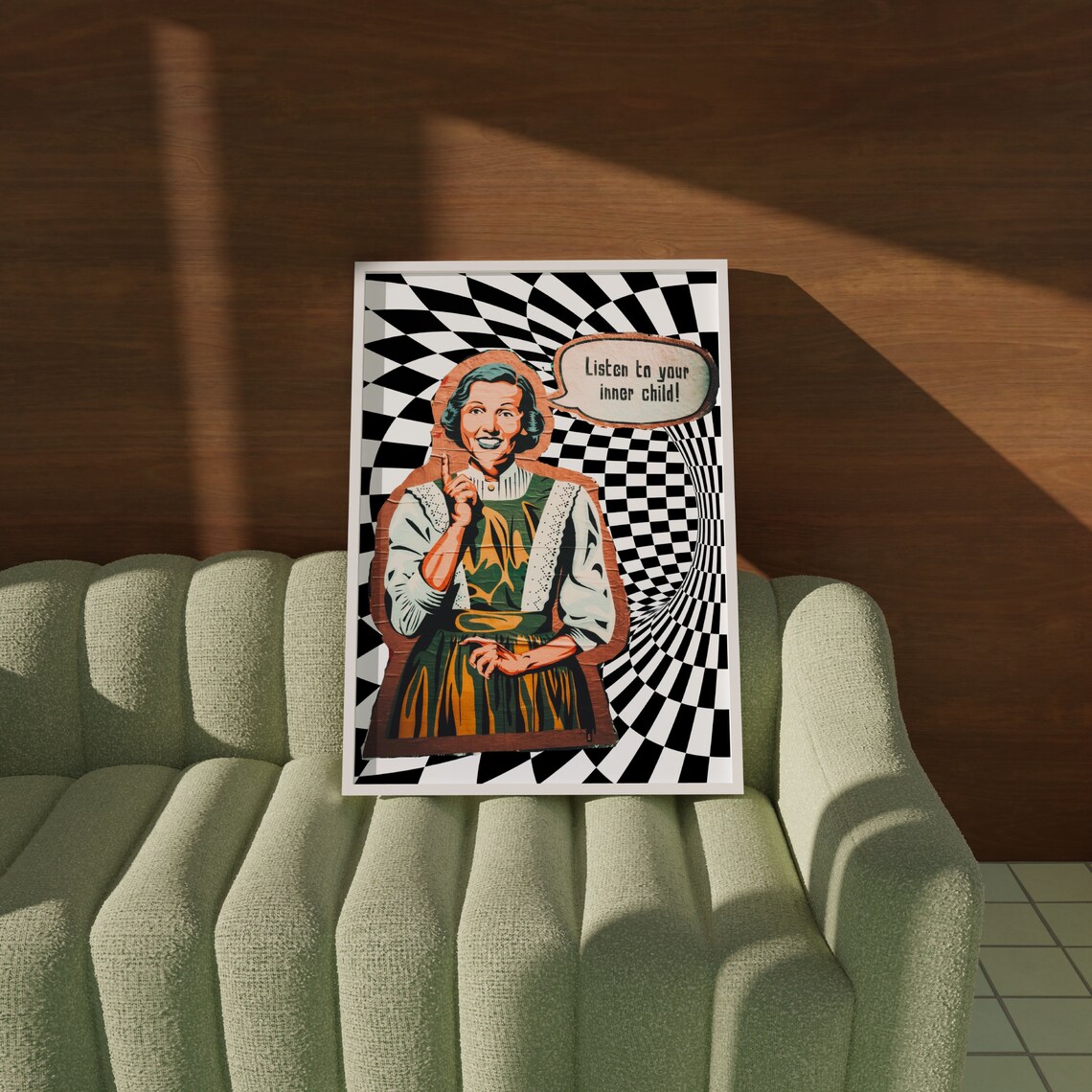 Listen To Your Inner Child Retro Lady Op Art Checkered Poster - Image 2