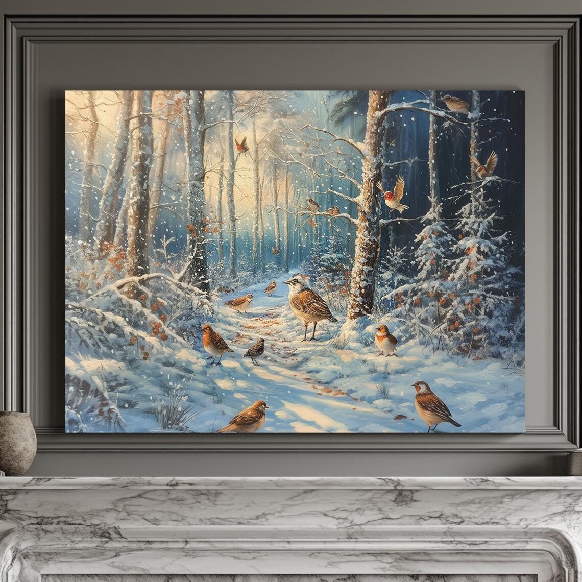 Winter Birds In Snowy Forest With Red Berries Morning Sunlight Bird Wall Art