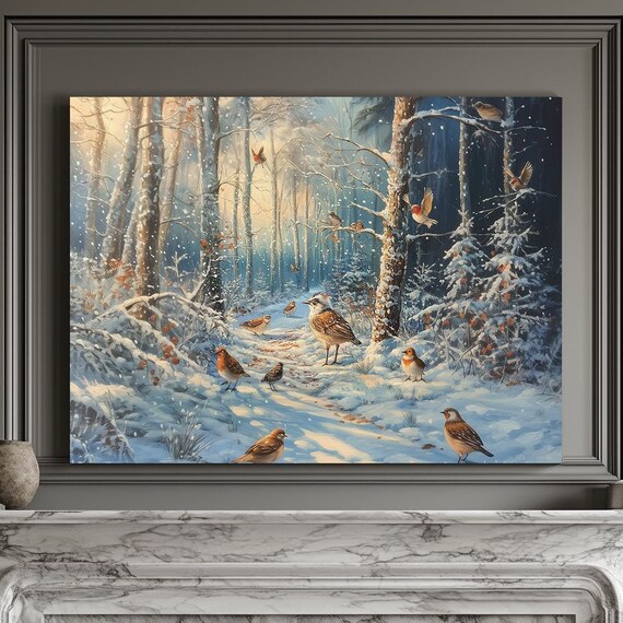 Winter Birds In Snowy Forest With Red Berries Morning Sunlight Bird Wall Art