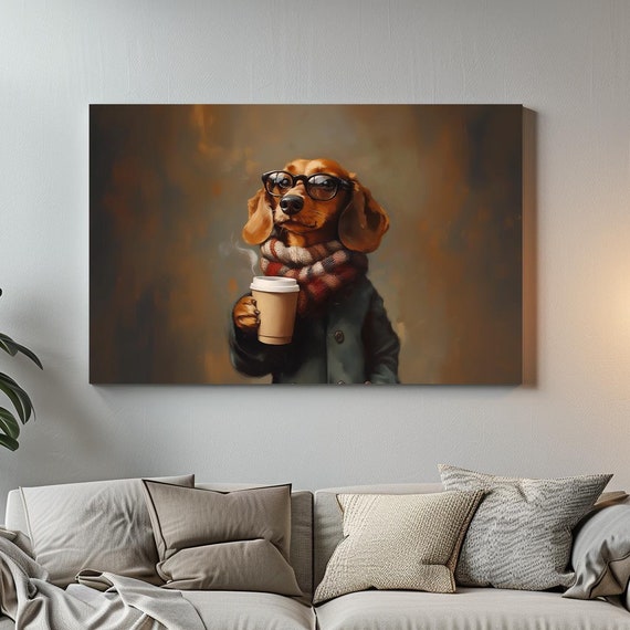 Hipster Coffee Dachshund Maximalist Eclectic Victorian Print Bold Altered Party Portrait Fantasy Colorful Renaissance Rustic Art