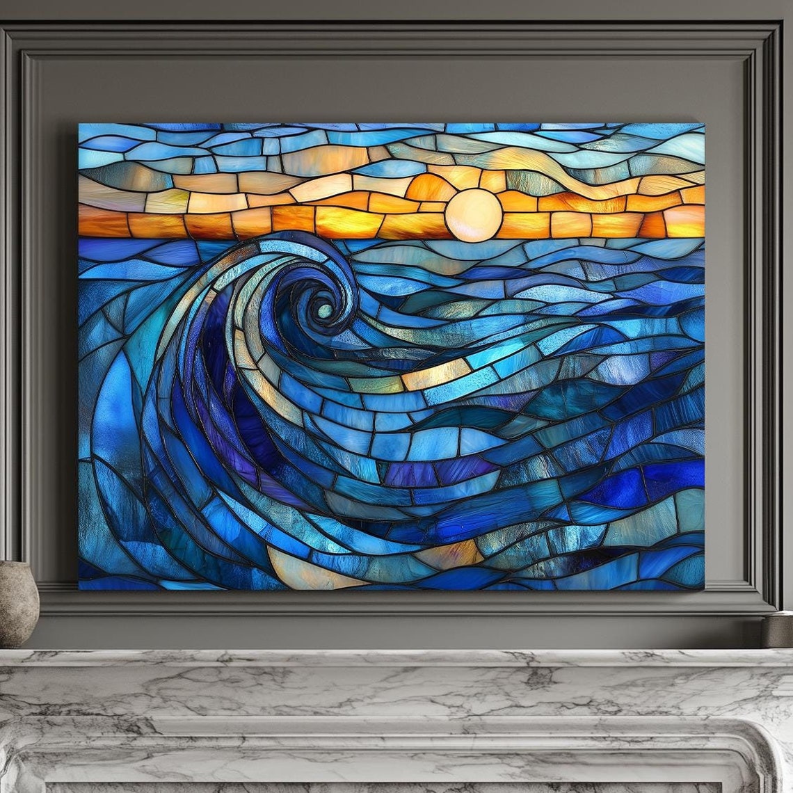Large Stained Glass Blue Ocean Wave Under Golden Sunset Poster