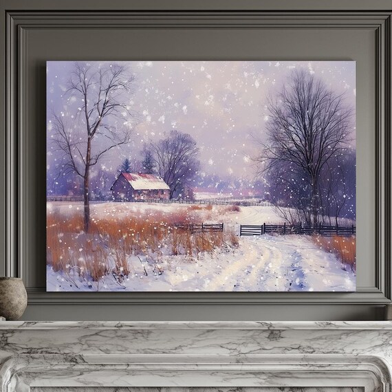 Winter Snowstorm Over Farm Barn With Fences And Bare Trees In Snow Poster