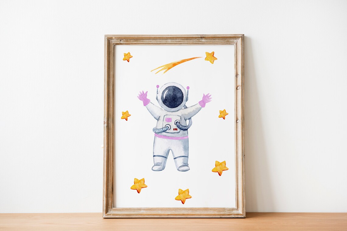 Happy Astronaut Stars Watercolor Girl Space Nursery Decor Poster - Image 4