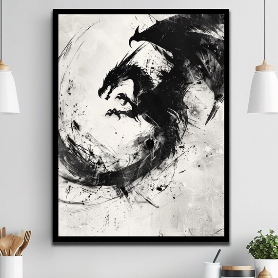 Bad Dragon Wall Art Black Art Chinese Dragon Dragon Decor Japanese Dragon Large Dragon Dragon Print Framed Artwork Dragon