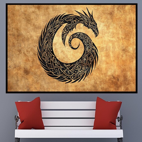 Tribal Dragon Ouroboros Art Wall Art Dragon Art Dragon Symbol Mythical Creature Fantasy Decor Ancient Design Fine Art Print