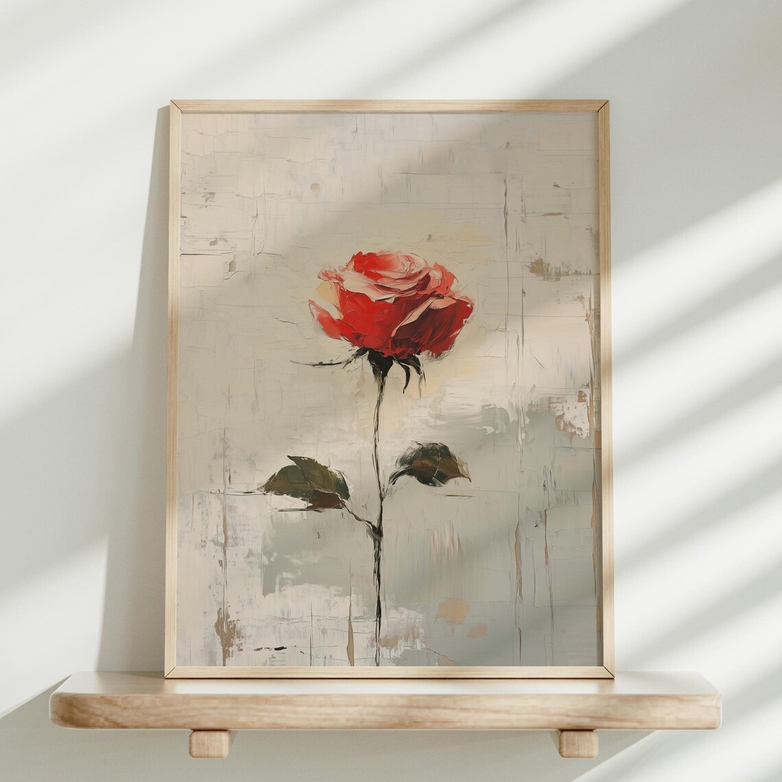 Single Red Rose On Cream Minimalist Floral Oil Painting Poster