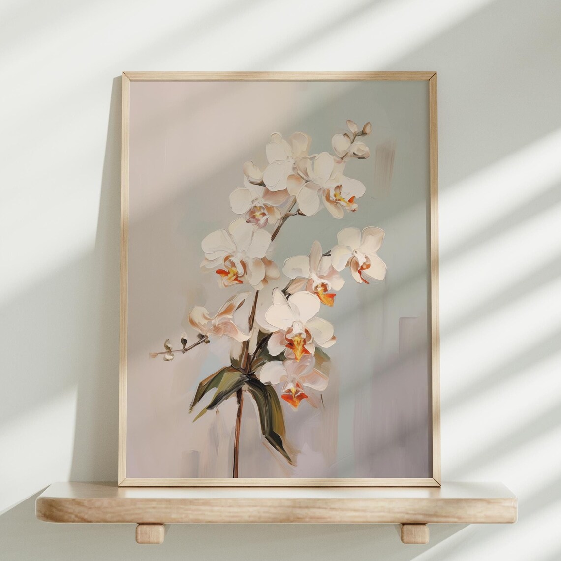 Cream Orchids in Minimalist Pale Green Botanical Still Life Poster