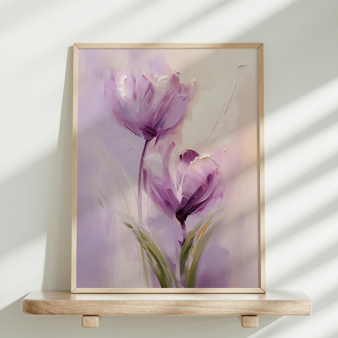Two Purple Tulips Soft Floral Impasto Oil Painting Botanical Poster