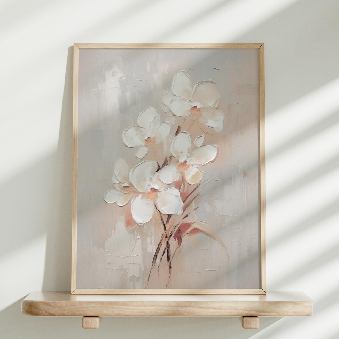 White Orchid Blooms in Soft Beige Textured Impasto Floral Poster