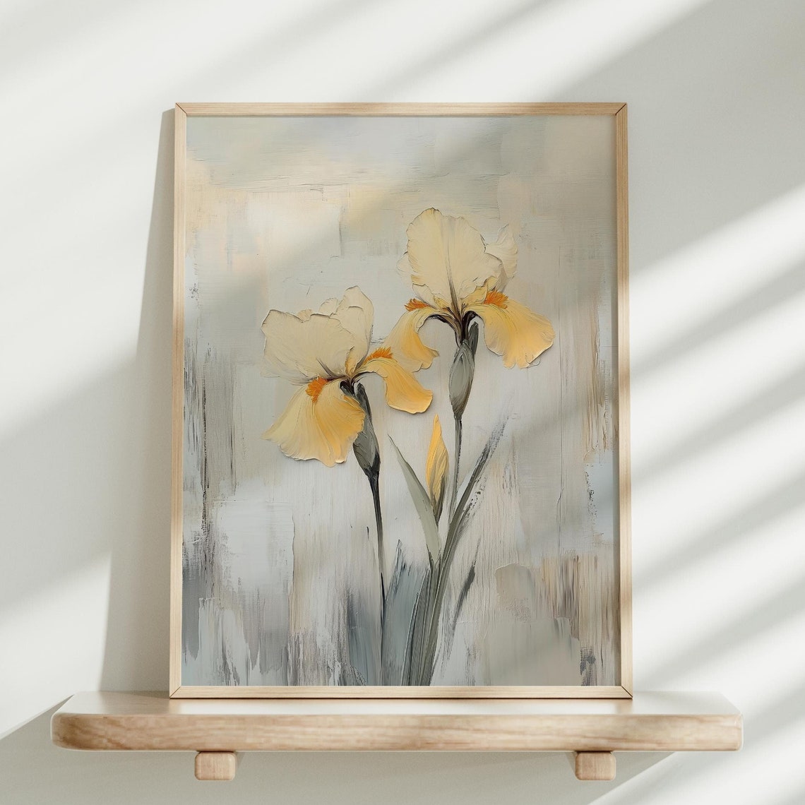 Two Yellow Iris Blooms On A Soft Gray Botanical Background Poster
