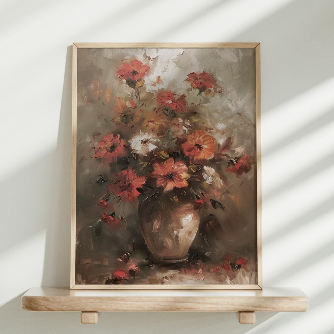 Red Wildflowers in Vase Moody Antique Floral Still Life Poster