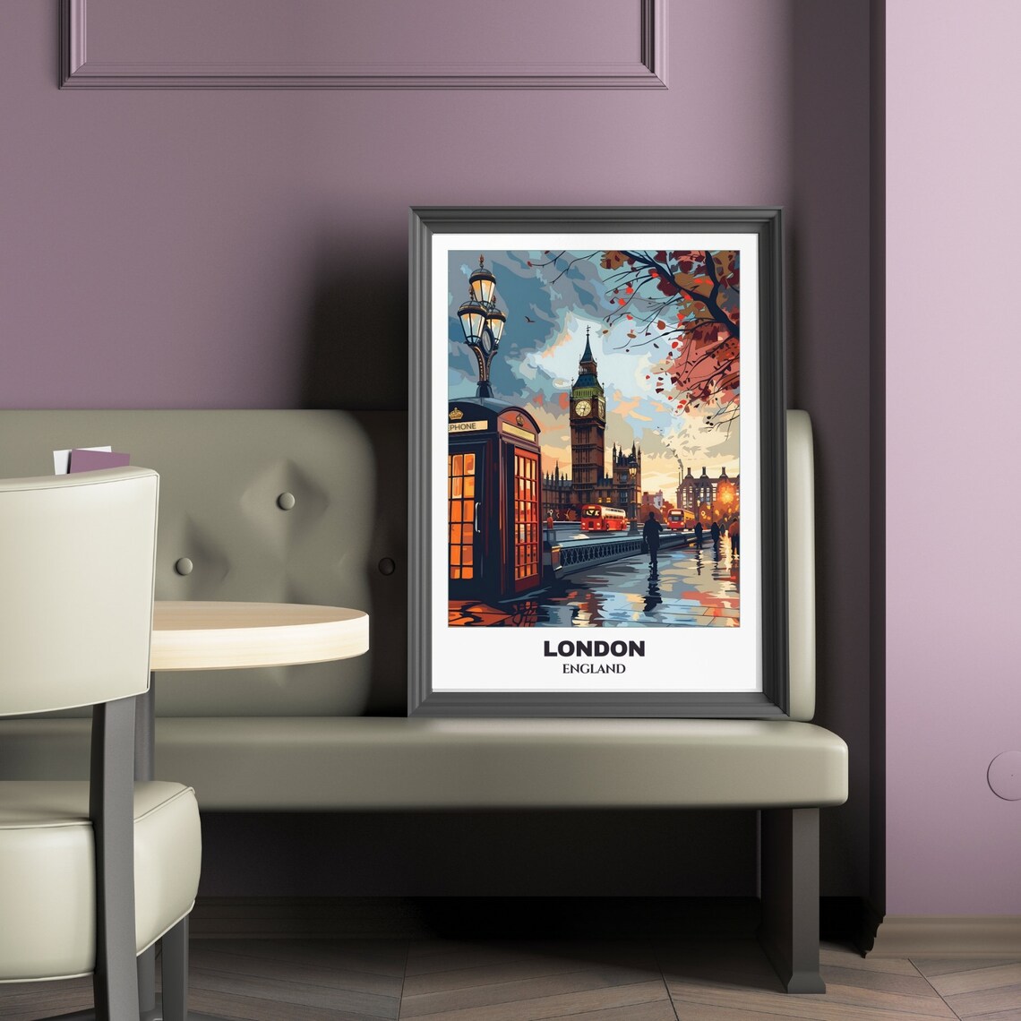 London Big Ben Glowing Red Phone Box Dusk Street Scene Poster - Image 2