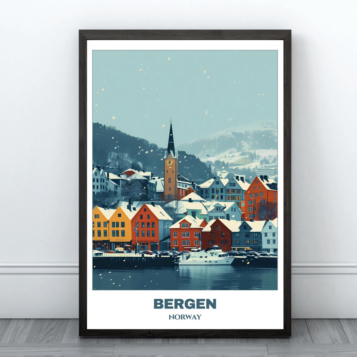 Bergen Winter Snow Colorful Houses Harbor Church Scene Poster