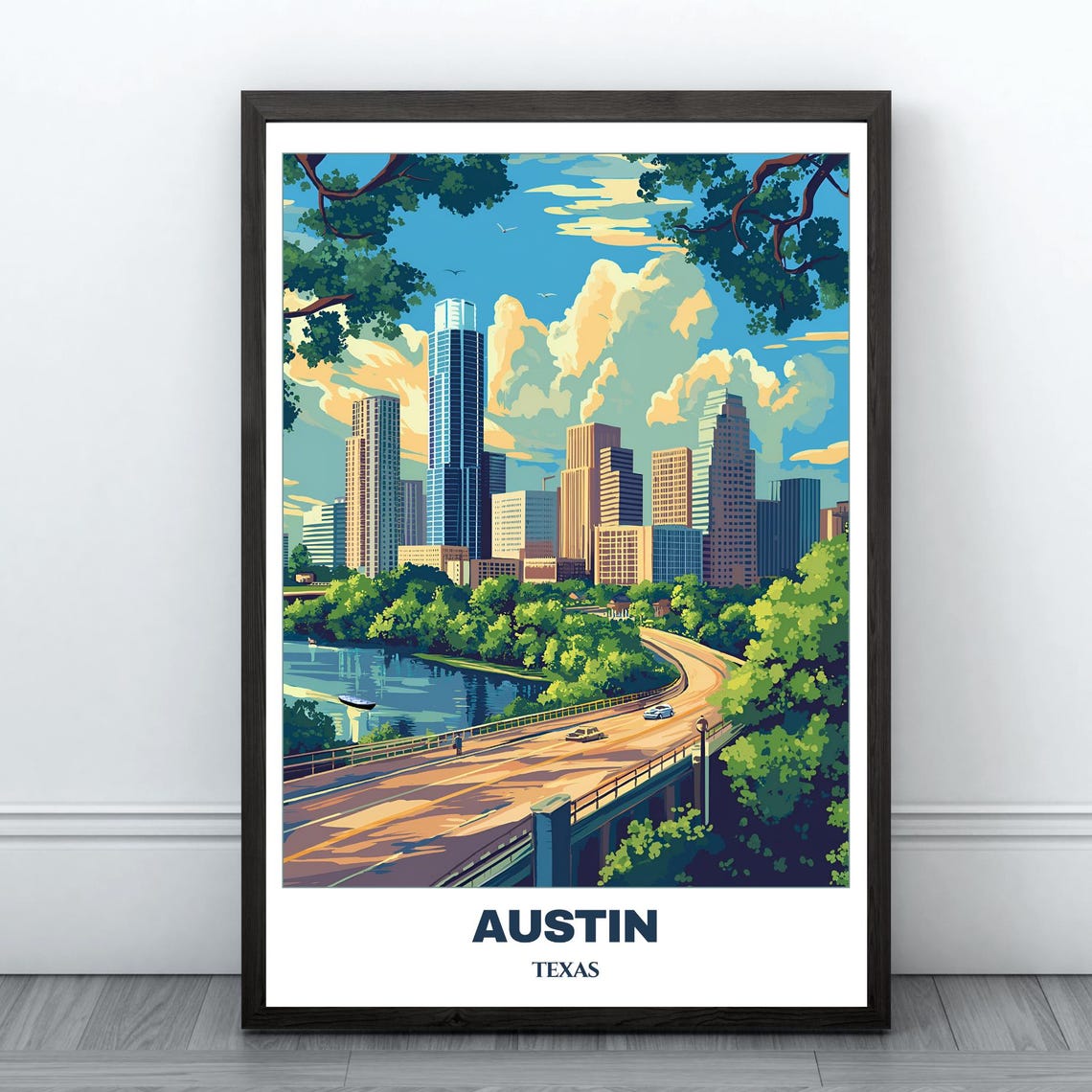 Austin Downtown Skyline Bridge Highway Sunset River View Poster