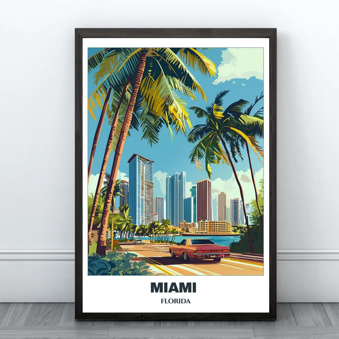 Miami Biscayne Bay Drive Classic Car Palm Trees Skyline Poster
