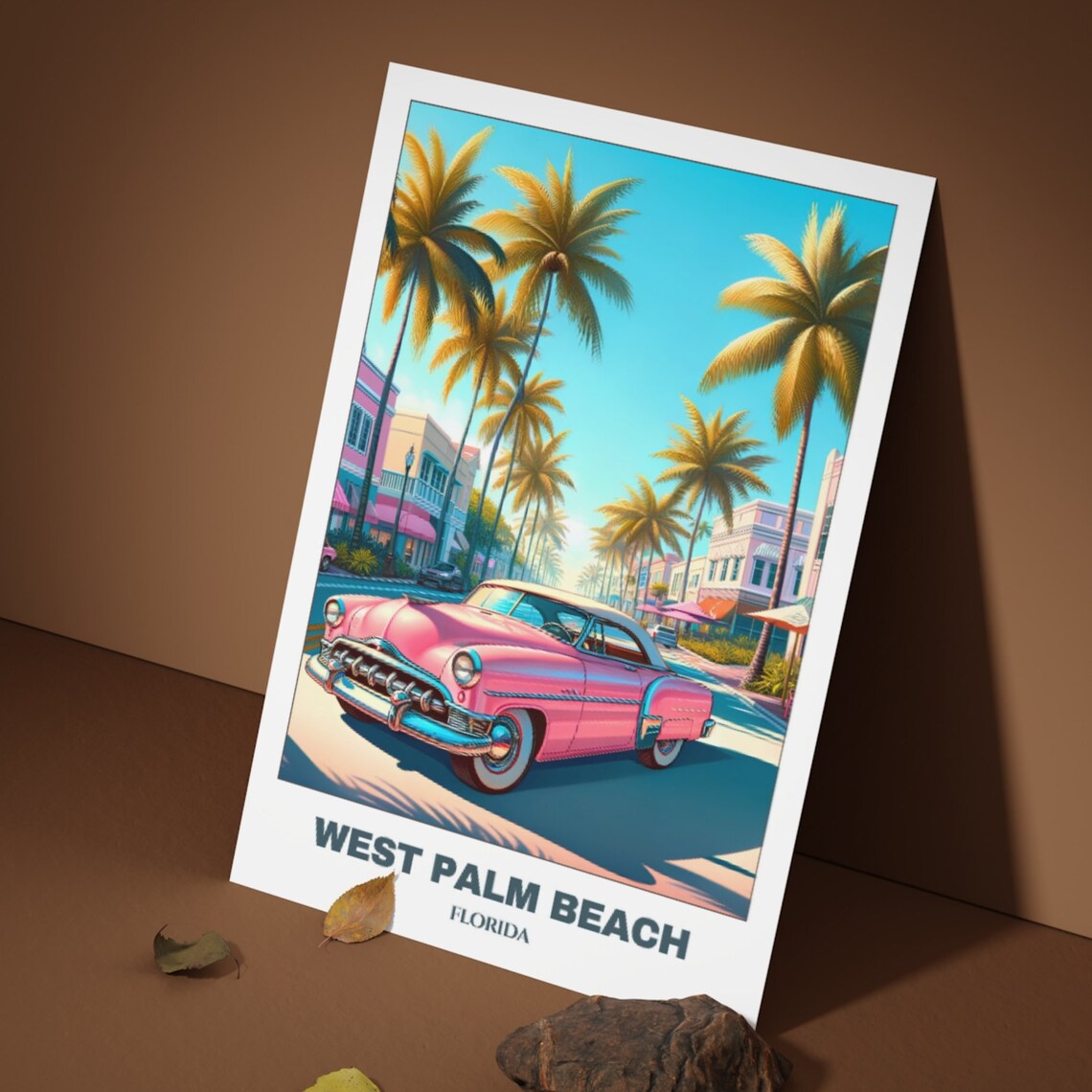 West Palm Beach Florida Pink Classic Car Palms Retro Travel Poster - Image 3