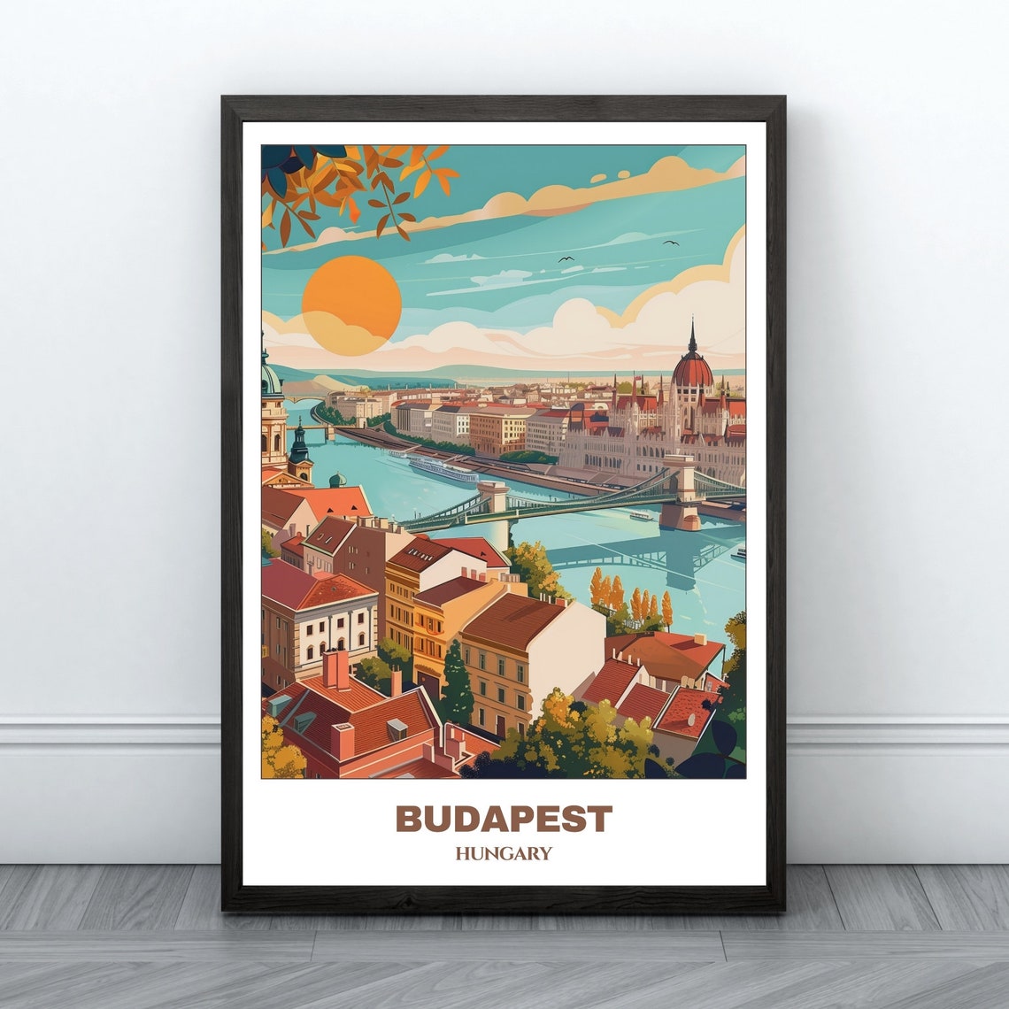 Budapest Hungary Sunset Danube Panorama Parliament Bridge View Poster