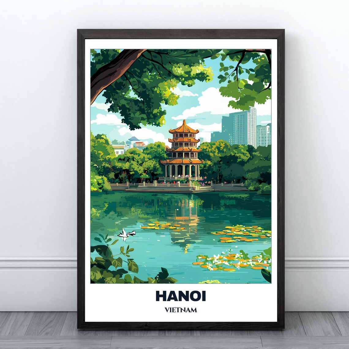Hanoi Travel Poster, Hoan Kiem Lake Cityscape
