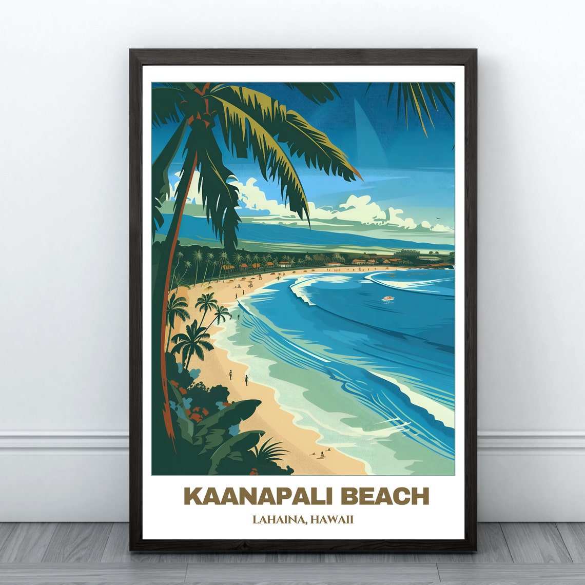 Kaanapali Beach Lahaina Hawaii Surf Waves Vintage Travel Poster