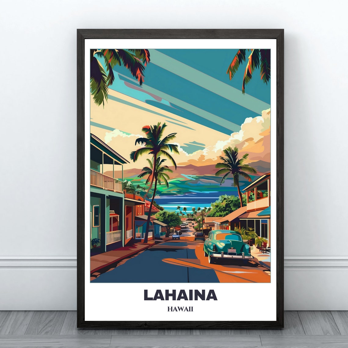 Lahaina Hawaii Vintage Car Palm Street Ocean View Travel Poster