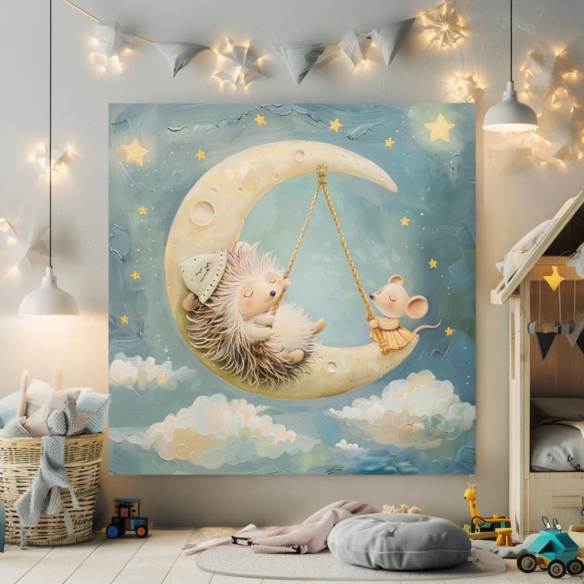 Hedgehog And Mouse On Crescent Moon Swing Nursery Art Poster - Image 3