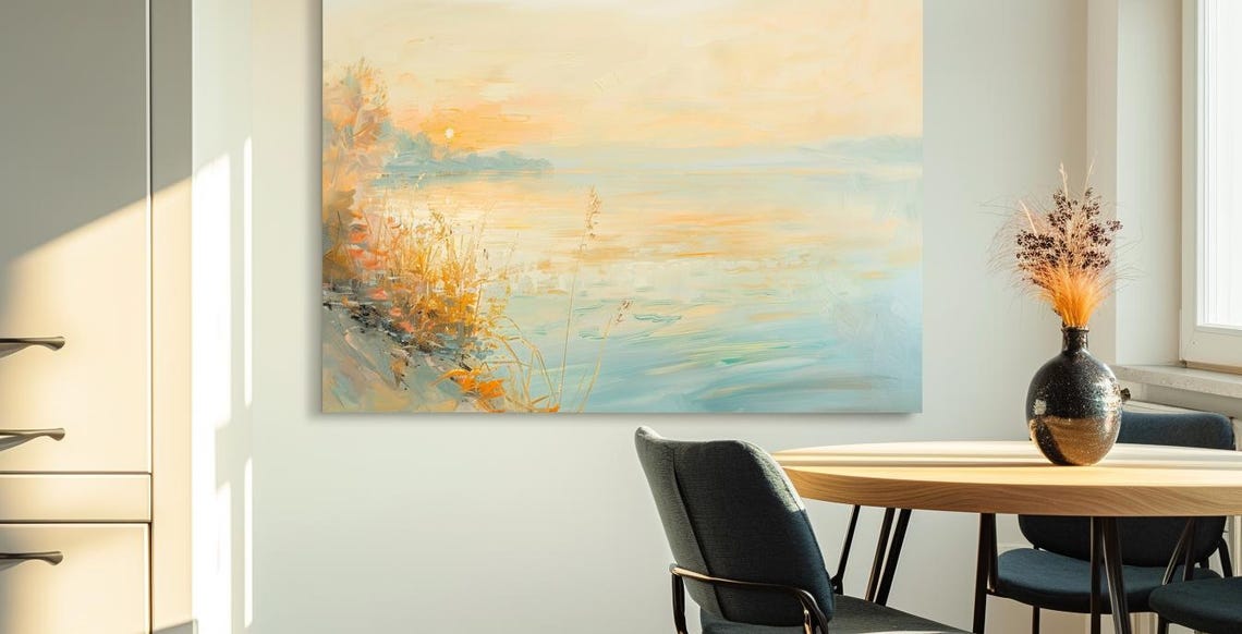 Golden Morning Light Over Calm Water Pastel Landscape Art Poster - Image 3