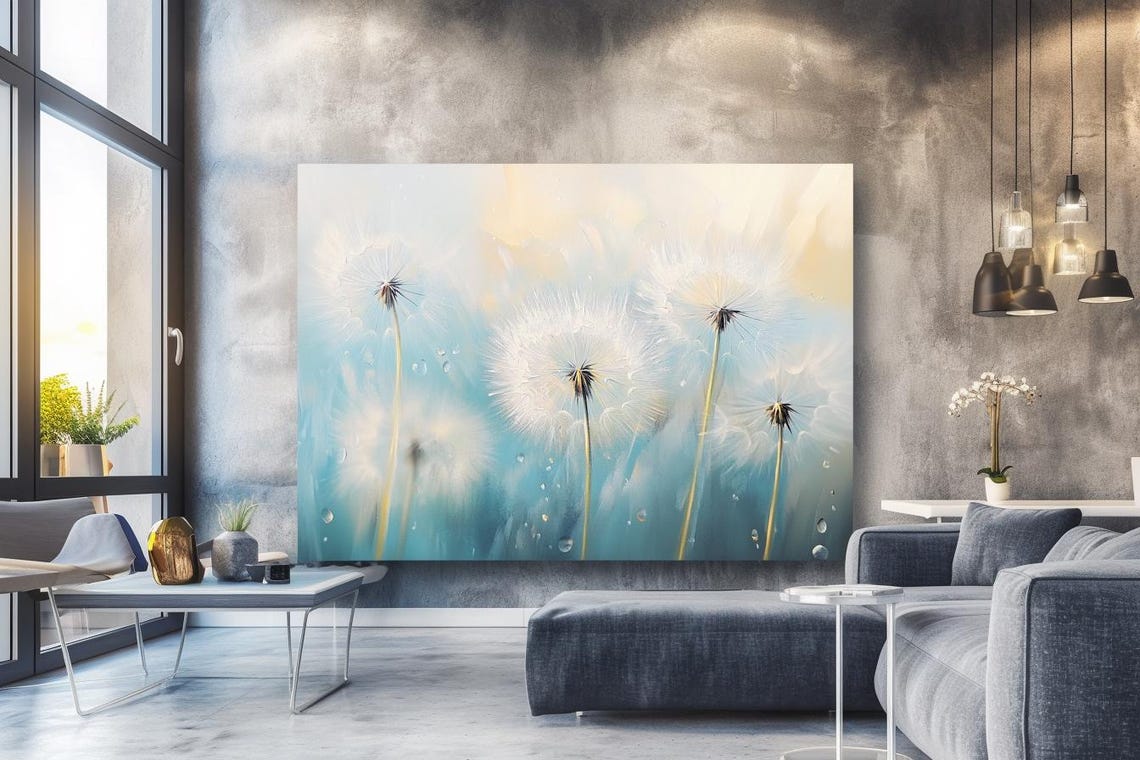 Dandelion Seed Heads On Teal Blue Soft Morning Botanical Poster