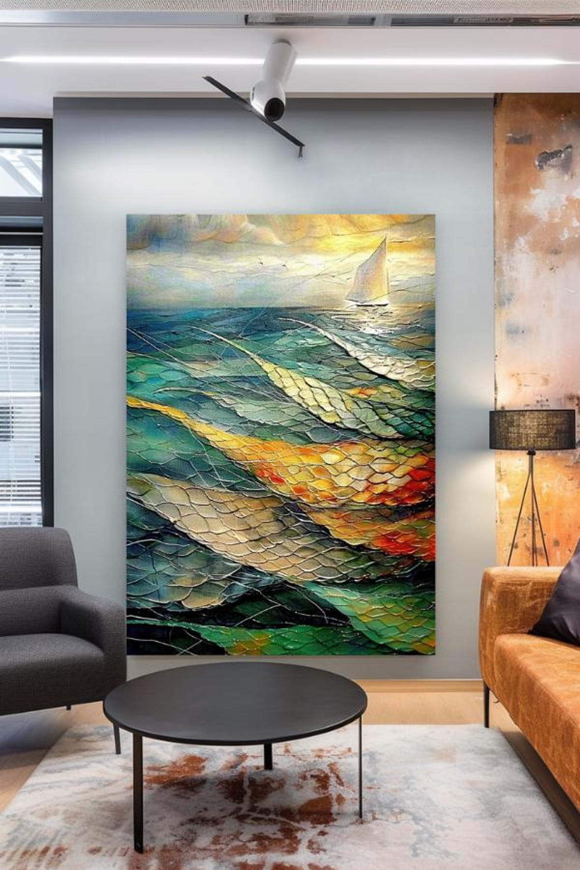 Textured Mosaic Ocean Waves With Sailboat At Golden Sunset Poster - Image 2