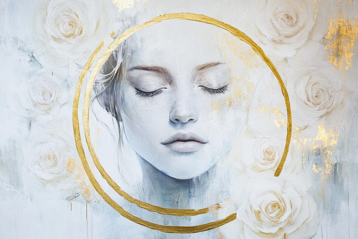 Serene Woman's Face with Gold Halo Among White Roses Painting Poster - Image 2
