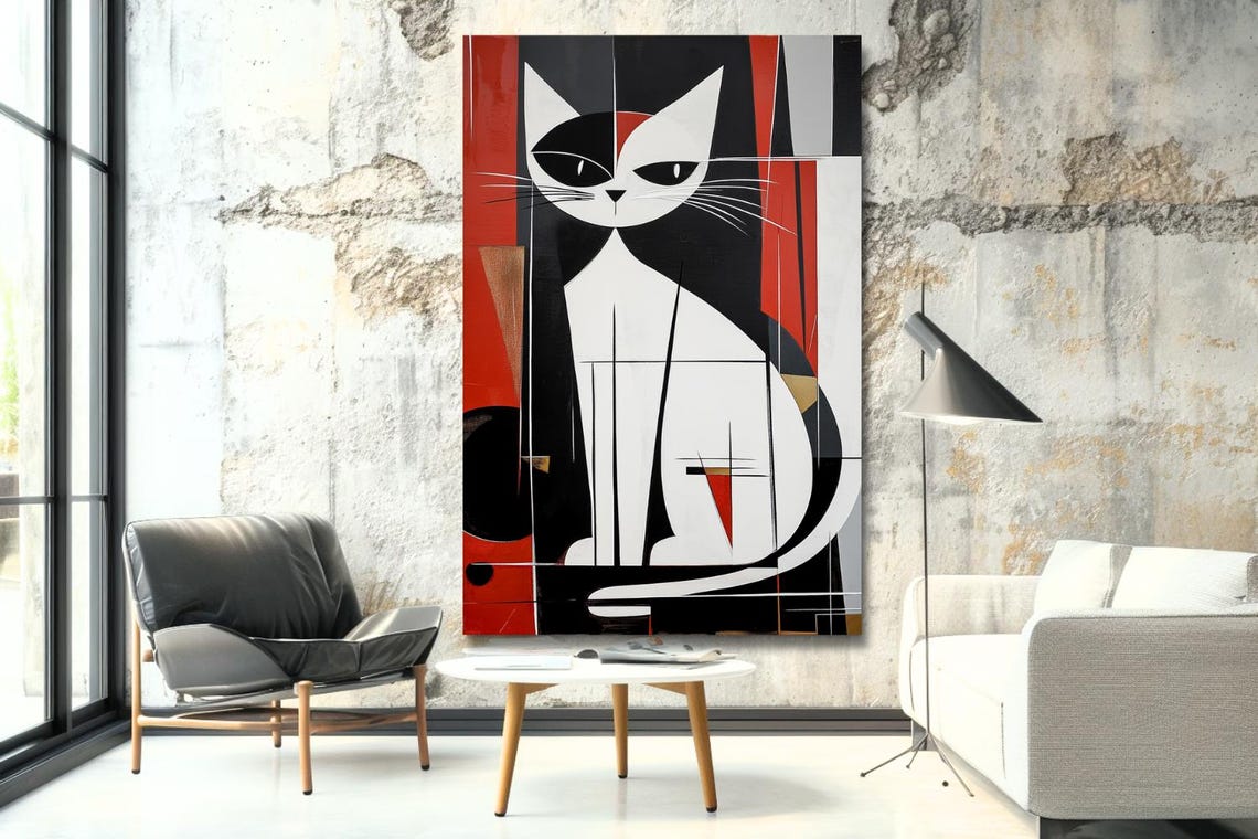 Geometric White Cat Face in Red and Black Abstract Painting Poster - Image 2