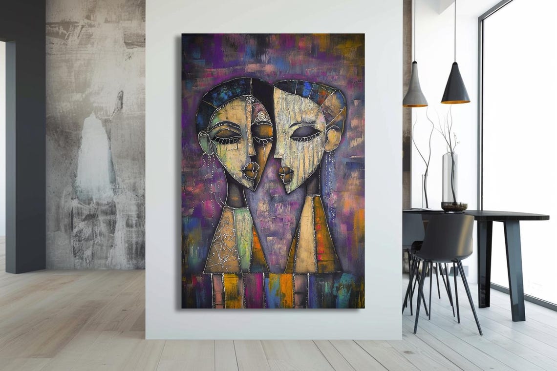 With You Cubist Loving Couple Faces In Warm Colors Art Poster