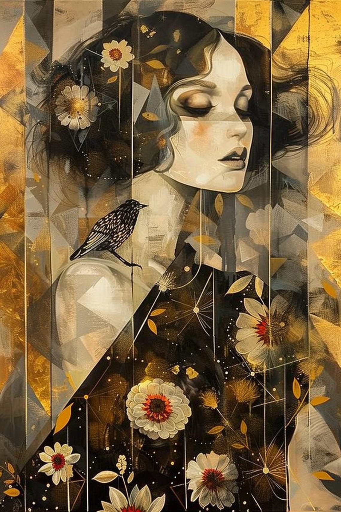 Dreamy Woman With Flowers And A Bird In Gold Art Deco Poster - Image 2