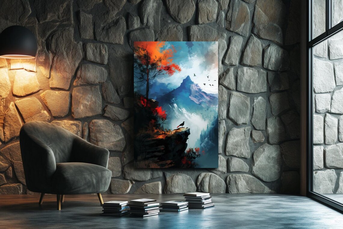 Misty Mountain Peak With Bird On Cliff Landscape Painting Poster - Image 3