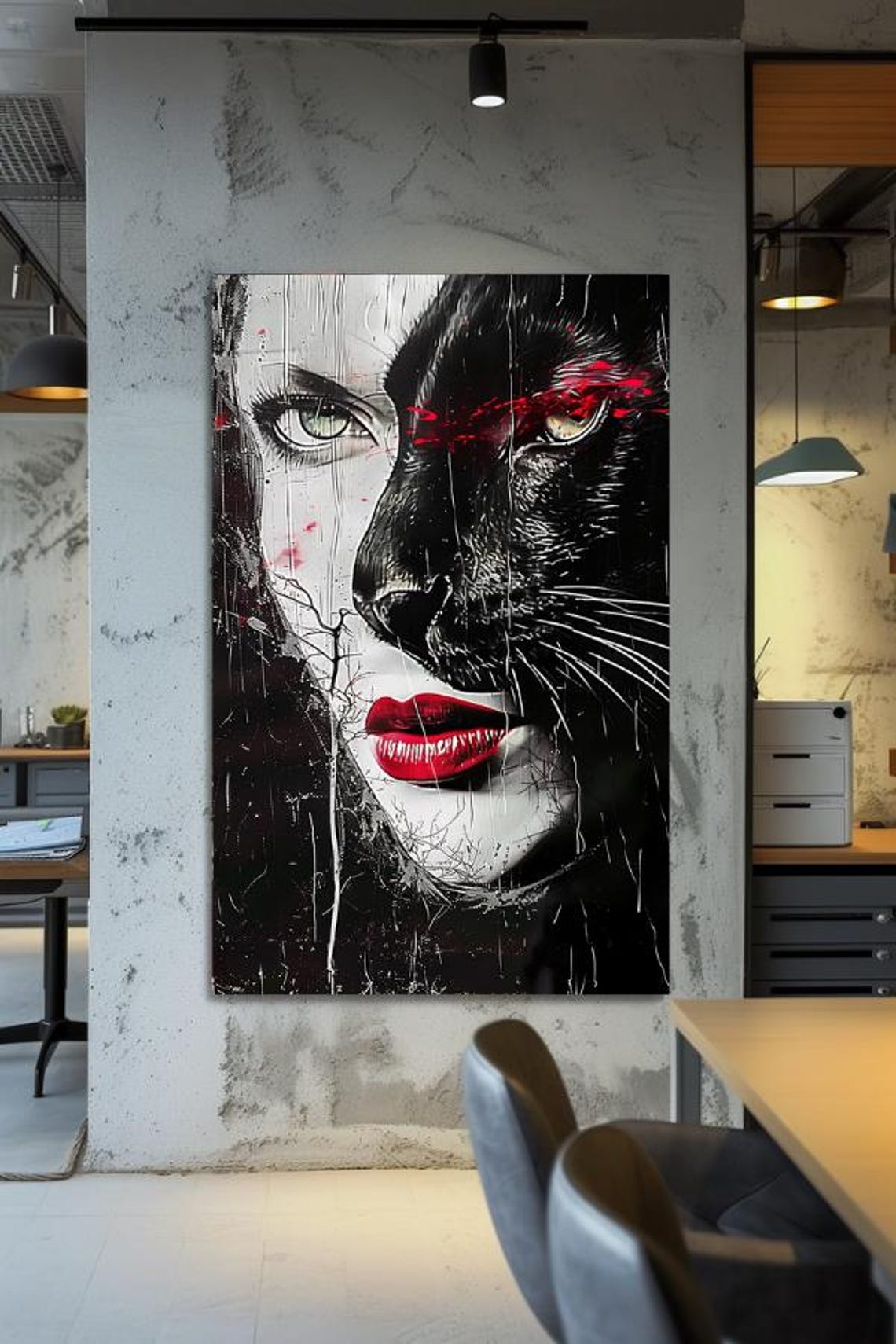 Woman and Black Panther Split Face Red Black Modern Art Poster