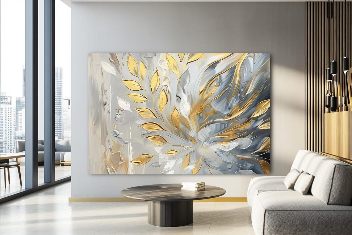 Opulent Gold White And Gray Swirling Floral Abstract Painting Poster - Image 3