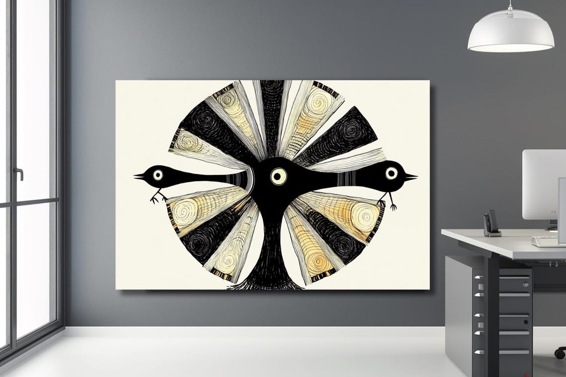Stylized Black Bird With Intricate Patterned Fan Tail Folk Art Poster - Image 3